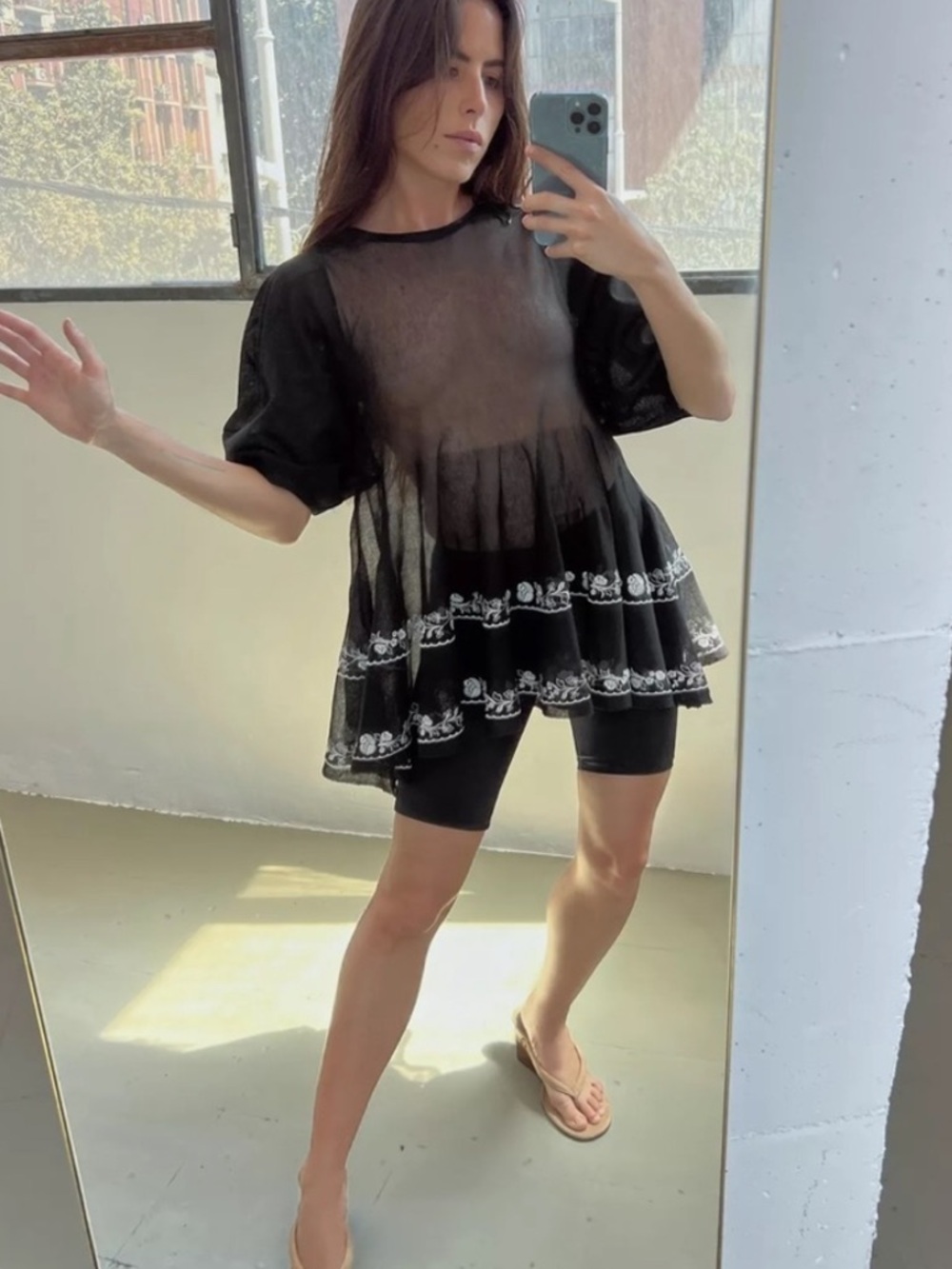 Zara Black Sheer Embroidered Peplum Tunic